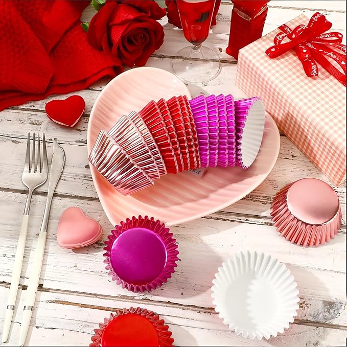 SANNIX 450Pcs Valentine's Day Foil Cupcake Liners Red Pink Cupcake Wrappers Foil Metallic Muffin Liners Baking Cups for Valentines Wedding Party Decorations Supplies