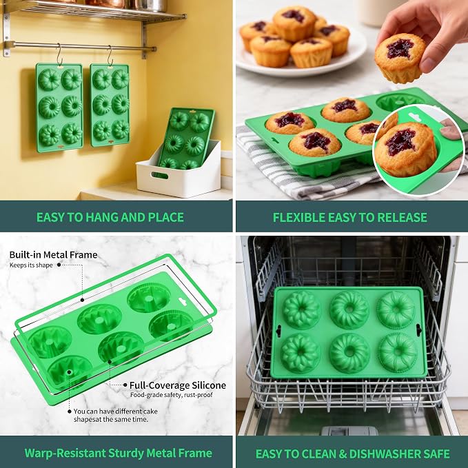 3PCS Mini Fluted Tube Cake Pan - 6-Cavity Silicone Baking Mold with Metal Reinforced Frame, Non-Stick Mini Cake Pan for Cupcakes/Donuts/Brownies/Jellies, Gift for Bakers & Home Kitchen