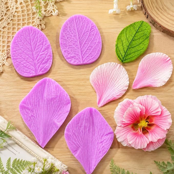 Infovox Rose Flower Petal Silicone Molds Leaf Veiner Fondant Mold, for Fondant Cake Decorating, 4 Pieces