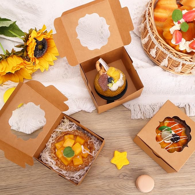 TOMNK 100pcs 4x4x2.5 Small Cookie Boxes, Mini Dessert Boxes with Window for Cupcakes, Macarons, Chocolate,Strawberries, Muffins(Kraft Paper)