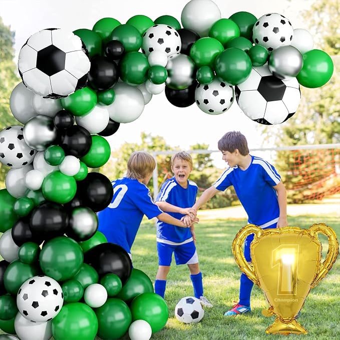 Soccer Balloon Arch Kit Boys, Green Balloon Arch Kit with Football Trophy Balloons Dark Green Black White Latex Balloon Metallic Silver Balloon for Baby Shower Birthday Soccer Party Decorations