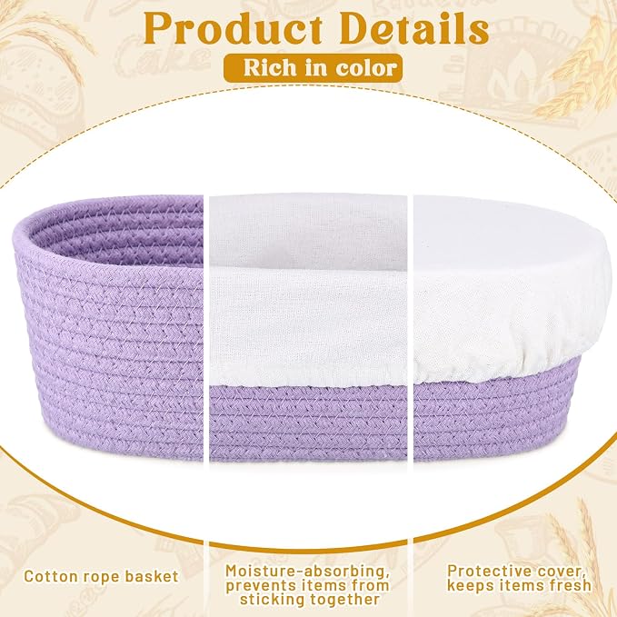 8 Pcs 10 Inch Bread Proofing Basket Set Cotton Rope Oval Banneton Basket Sourdough Bread with Liners Covers for Baking Supplies (Fresh Color)