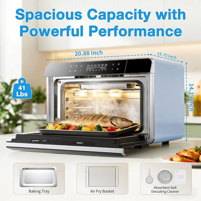 ROBAM Toaster Air Fryer Combi Oven, Countertop Steam Oven 14-in-1 with Convection Steam Roast & Bake, Multi-Stage Cooking, Self-Clean, 7 Modes, 30 Built-In Recipes, for Kitchen Pizza Baking (Blue)
