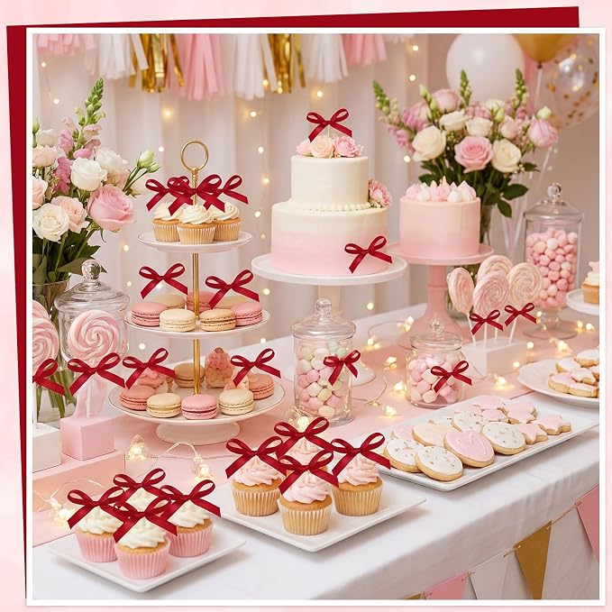 30 Pack Bow Cake Toppers Wine Red Ribbon Bows for Cake Burgundy Bow Cupcake Toppers Back to School Decorations Bow Birthday Decorations for Wedding, Baby Shower, Bachelorette Party, Bridal Shower