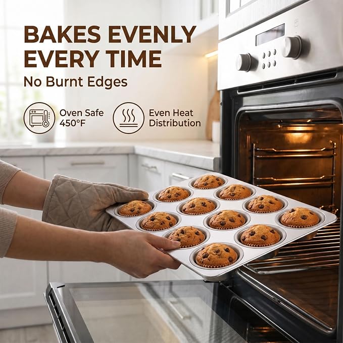 LIANYU Muffin Pan 12 Cups, Stainless Steel Cupcake Muffin Tin for Baking, Regular Size Metal Cupcake Baking Tray for Mini Muffins, Quiche, Brownie, Oven & Dishwasher Safe