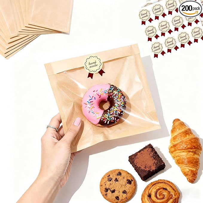 200 Pack Cookie Bags with Window & Seal Stickers, Heat Sealable 7.1x7.5 Inch Paper Sleeves Packaging Baked Goods Bag for Small Business, Bulk Bakery Supplies for Brownie, Muffin,Pastry, Donut Gift