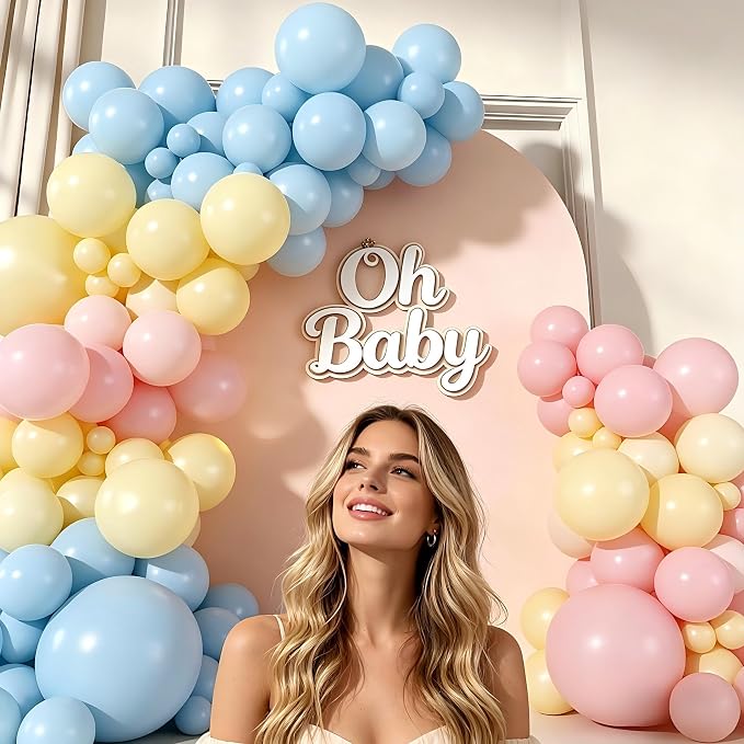 Pastel Balloon Garland Arch Kit, 143pcs Macaron Pink Yellow Blue Latex Balloons for Gender Reveal Baby Shower Wedding Birthday Party Decoration