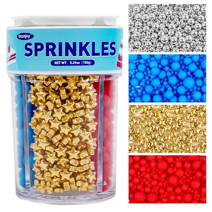 Patriotic Sprinkles, 4th of July, 150g/5.29oz, Edible Gold Red Blue Silver Sprinkles, Patriotic Sprinkles for Cake Decorating, Cake Decoration, Cupcake Topper