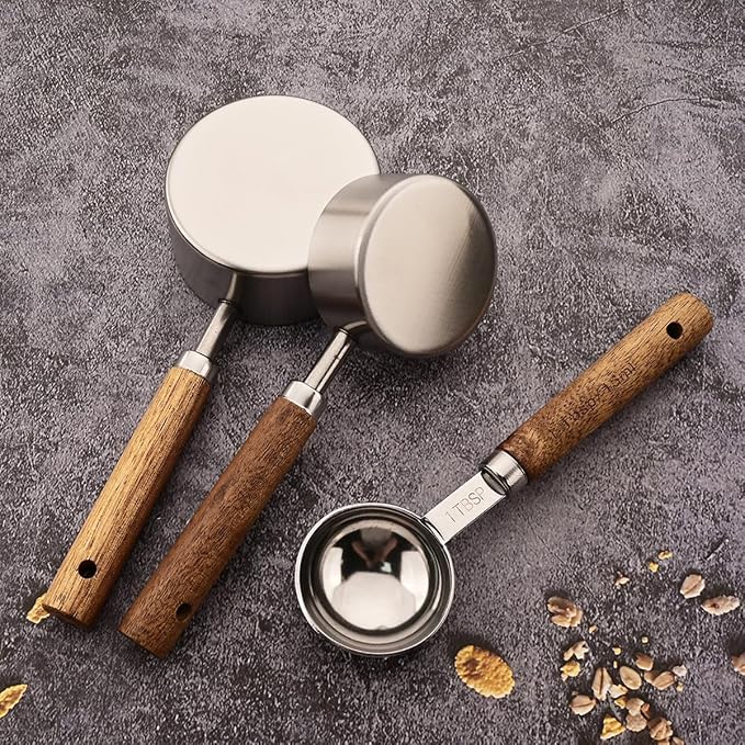 8 pieces Silvery Measuring Cups Set and Measuring Spoons Set with Scale, BRIIEC Wooden Handle Stainless Steel Dry & Liquid Measuring Cup for Cooking Baking