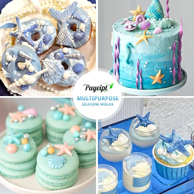 Puyeipt 3 Pcs Marine Silicone Fondant Molds, Seashell Conch Starfish Chocolate Candy Molds for Cupcake Topper, Cake Pop Decoration and Clay Craft Making