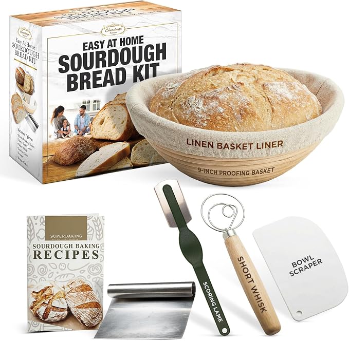 Sourdough Bread Kit – 9-Inch Banneton Proofing Basket with Liner, Whisk, Lame, Scrapers and Recipe Guide | Complete Bread Making Supplies and Sourdough Tools – Great Gift Idea for Bakers