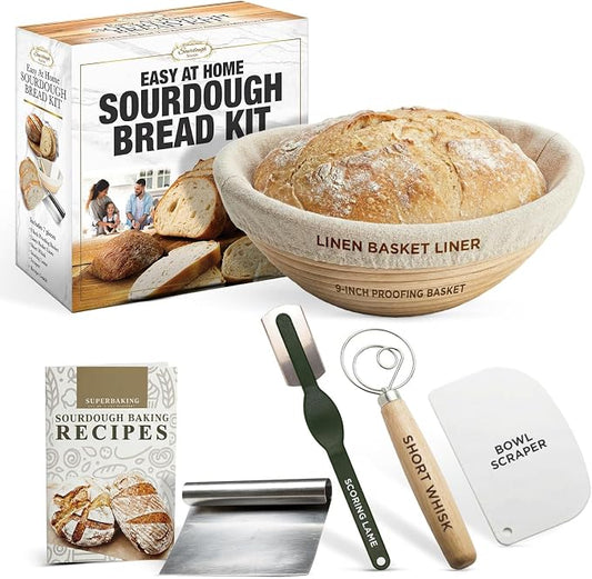 Sourdough Bread Kit – 9-Inch Banneton Proofing Basket with Liner, Whisk, Lame, Scrapers and Recipe Guide | Complete Bread Making Supplies and Sourdough Tools – Great Gift Idea for Bakers