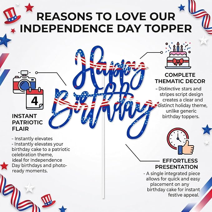 Happy Birthday Cake Toppers, Patriotic Cake Decorations for Boys Girls and Adult Birthday Anniversary Party Decor Supplies