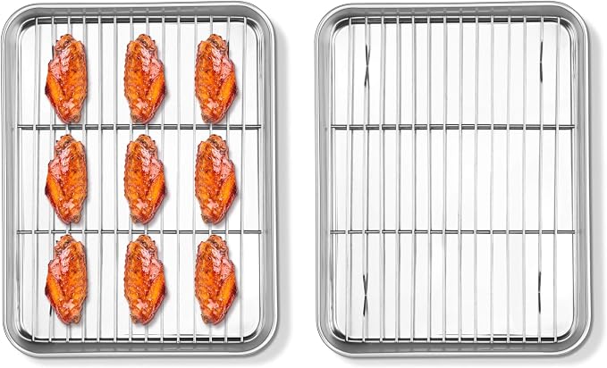 Homikit Baking Sheet with Rack Set (2 Pans + 2 Racks), 10.5x8 Inches Stainless Steel Small Cookie Sheets with Cooling Racks Non Toxic, Metal Toaster Oven Bacon Crisp Trays for Baking, Dishwasher Safe