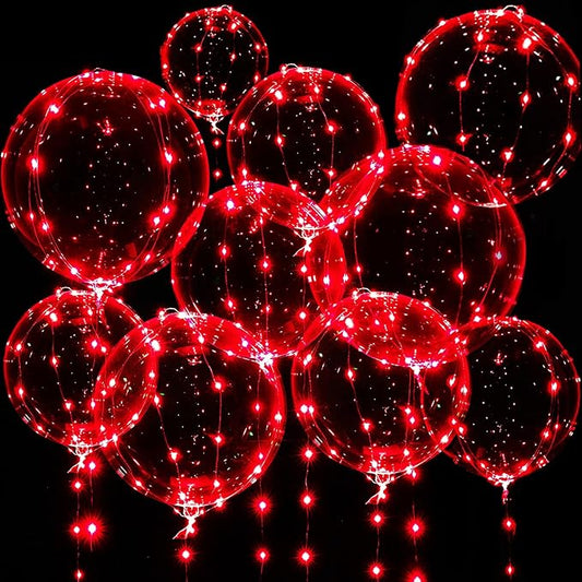 10 PCS Light Up Led Balloons, 20 Inches Clear Helium Bobo Balloons, Glow Bubble Balloons with 10 PCS String Lights for Valentines Day, propose marriage, Wedding, Birthday Party Decoration (Red)