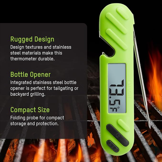 Taylor TruTemp Digital Instant Read Thermometer Meat Probe for BBQ Kitchen with Built in Bottle Opener, Reliable Folding Probe Easy Read LCD Grilling Cooking Tool, Green