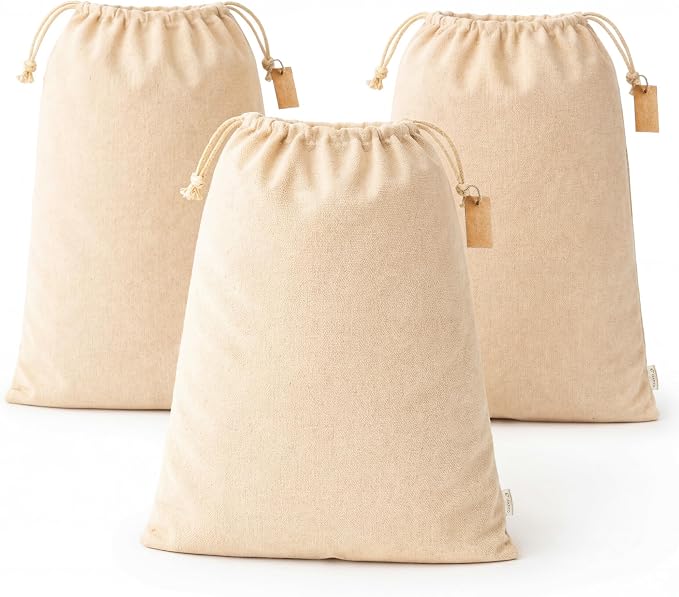 LEAFICO Reusable Produce Storage Bags - XX-Large 19x23 3 Pack - Breathable Muslin Fabric Sacks with Drawstrings – Dust-Proof Travel Cotton Bags for Laundry, Clothes, Purses