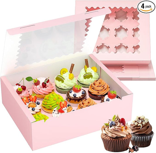 RYDDOY 4 Pack Cupcake Boxes, Hold 12 Standard Cupcakes, Pink Cupcake Containers, Cupcake Holder with Window and Inserts for Birthday Holiday Party, Supplies for Cupcakes, Desserts and More