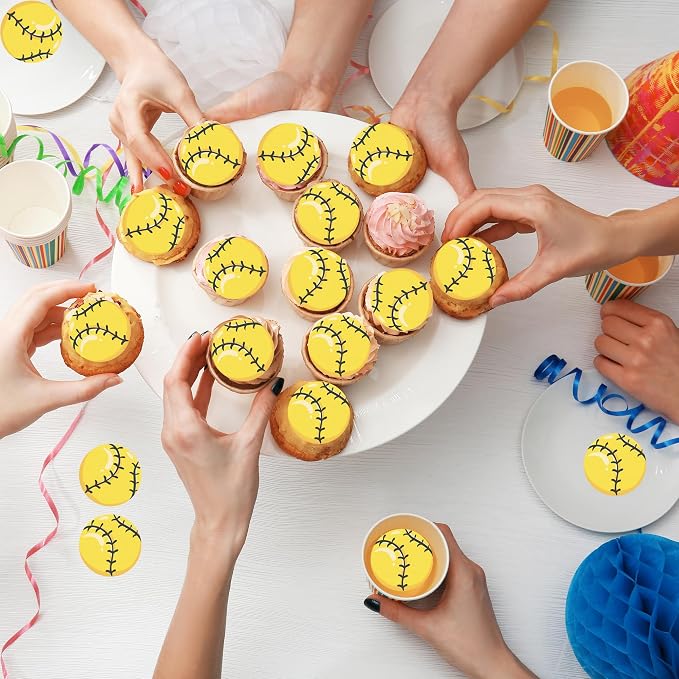 48pcs Edible Sports Cupcake Toppers Edible Basketball Soccer Baseball Tennis Rugby Cake Decorations for Sports Ball Game Theme Baby Shower Birthday Party Cake Decorations Supplies (softball)