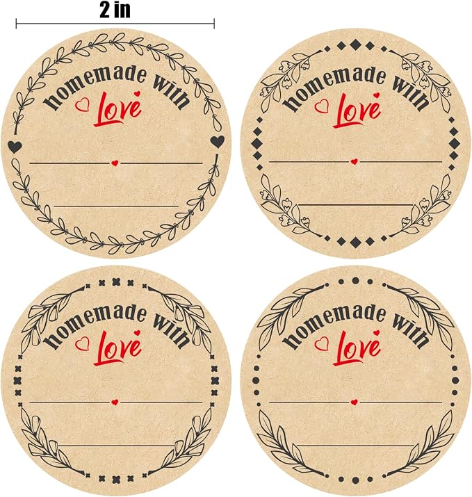 2" Homemade with Love Stickers, 4 Different Wreath Designs, Kraft Jar Canning Label Stickers for Baked Packaging, Cookie Bags, Fudge Containers, Store Owners, Crafts, Organizing, Price Tags