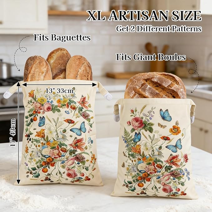 2 Pack Beeswax Bread Bags for Sourdough and Homemade Bread, XL 17x13in Reusable Cotton Storage Bags, Botanical Print Double-Layer with Beeswax Lining, Easy to Clean Artisan Bread Keeper | Keeps loaves soft