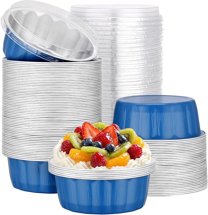 Beasea Disposable Ramekins 8oz, 100 Pack Aluminum Foil Baking Cups with Lids, Creme Brulee Muffin Cupcake Mini Pudding Disposable Baking Cups Tins for Party Wedding Birthday - Moon Blue