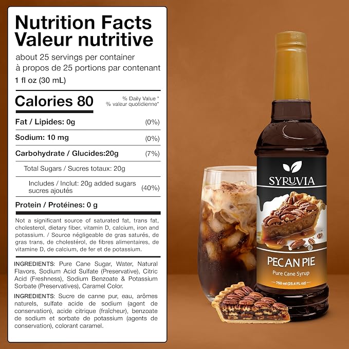 Syruvia Coffee Syrup, Pecan Pie Flavored Syrup for Drinks, Lattes, and Desserts – 25.4 fl oz - with Pump
