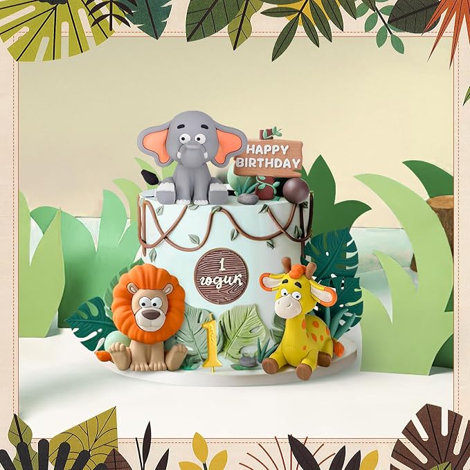 23pcs Safari Animal Cake Topper, Jungle Wild Cake Toppers with Leaves Balls Cake Decorations for Safari Animals Themed Birthday Party Decorations (Jungle Wild Animal Style)