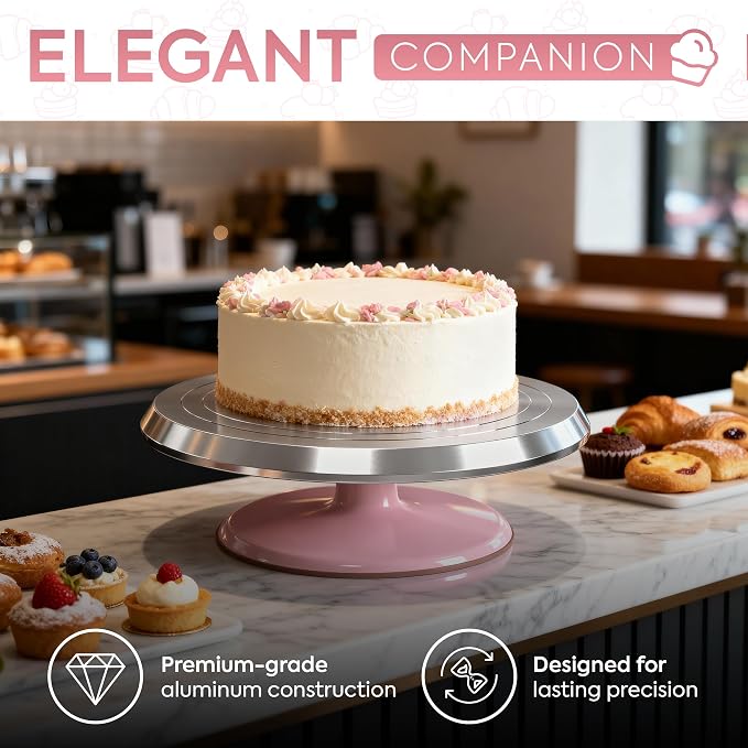 Riccle 12 Inch Pink Aluminium Alloy Revolving Cake Stand – Rotating Cake Turntable for Cake Decorating, Baking, and Cake Decorating Supplies
