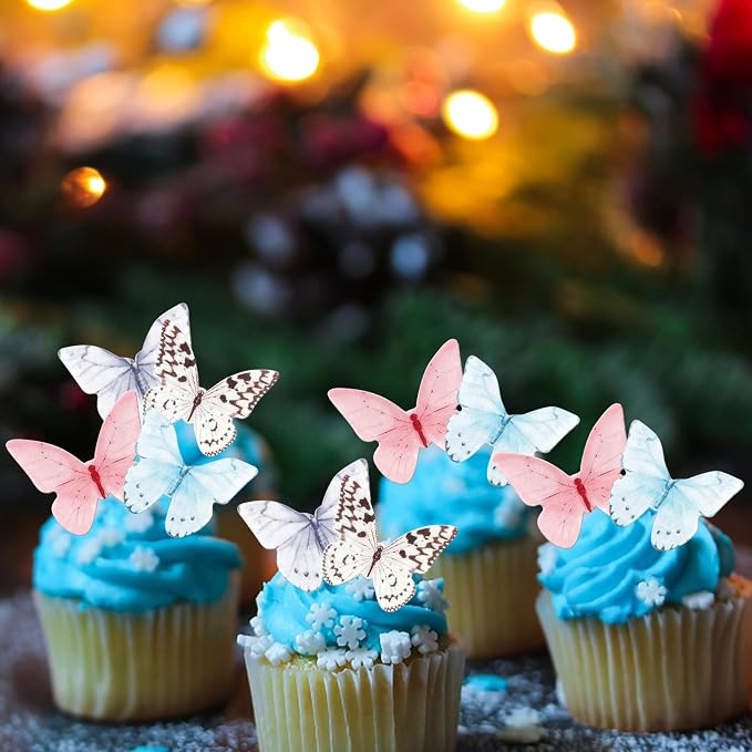 48 PCS Colorful Wafer Paper Butterflies Cake Decorations - Edible Butterfly Cupcake Picks for Baby Shower, Wedding, Birthday Party