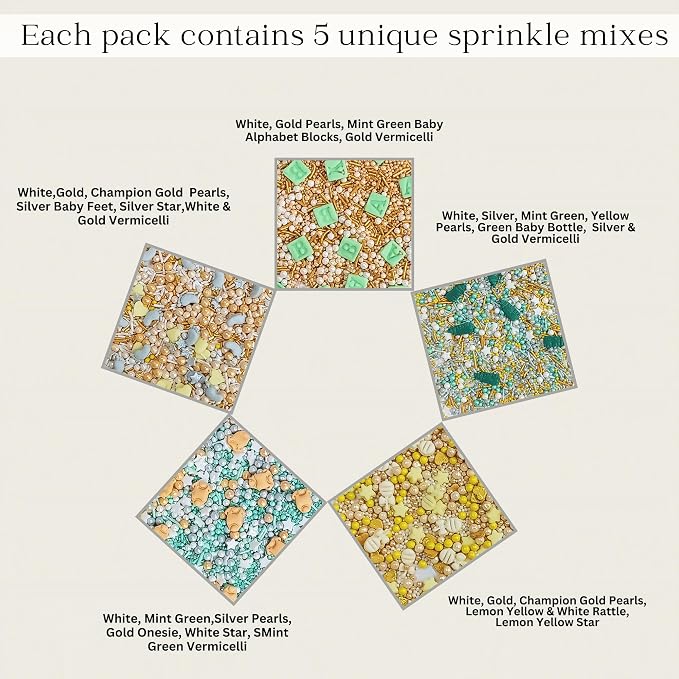 Confect Baby Shower Sprinkles | Gender Reveal Sprinkles | Gold, Silver, Mint Green & Pearl Dragees | Mix Silver Baby Feet & Feeding Bottle Sprinkle | Vegan & Gluten Free - 5 Oz