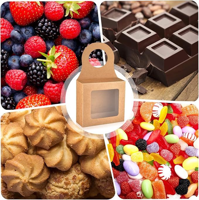 Mototo 30 PCS Kraft Paper Wine Bottle Boxes with Transparent Window Hanger Foldable Wine Bottle Empty Gift Boxes with Hanger for Valentines Christmas Candy Truffles Chocolate Cookies Packing, Kraft