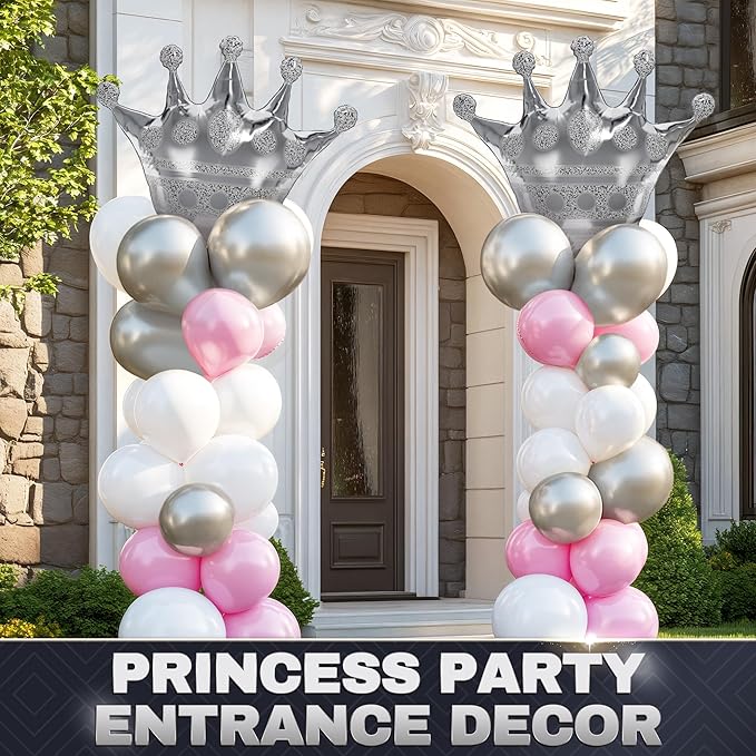 3Pcs Silver Crown Balloons – Reusable Foil Silver Balloons Set in Large 39" Size, Self-Sealing & Easy to Inflate, Durable – Suitable for Weddings, Birthday Celebrations & Princess Theme Decorations