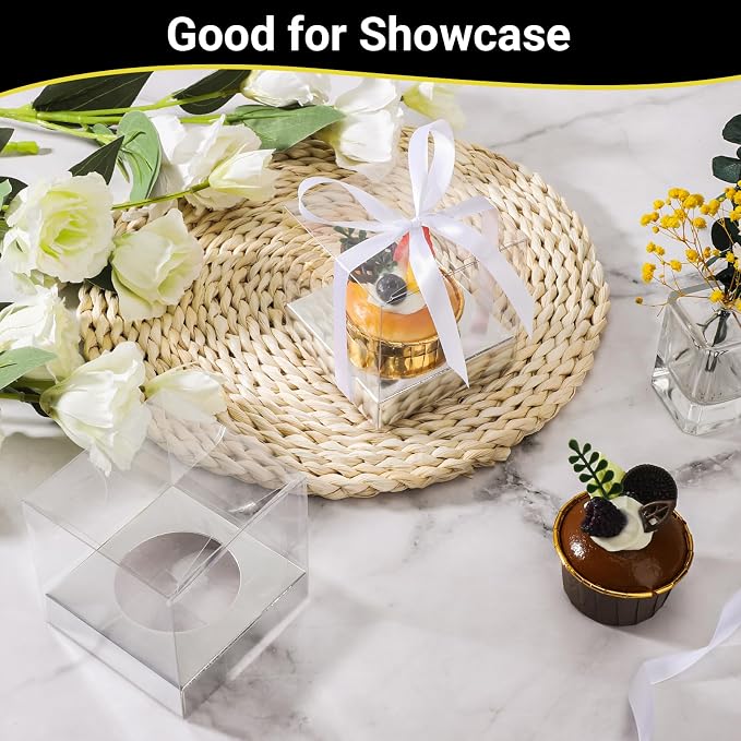 EUSOAR Cupcake Boxes, 50 Packs 3.5 Inch Dessert Pastry Individual Cupcake Containers with Inserts and Ribbon, Clear Muffins Gift Holder Disposable Cake Carrier for Wedding Party Favor Bakery-Silver