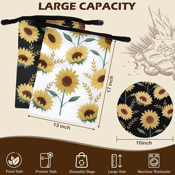 2 Pack Reusable Bread Bags for Homemade Bread, 17"×13" Sourdough Bread Storage Bags with Bowl Cover - Keep Loaf Fresh and Easy to Wash(Sunflowers)