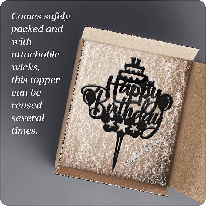 Happy Birthday Cake Topper Candle for Birthday Party Decorations, Acrylic Black, 2 Wicks, 2 pcs.