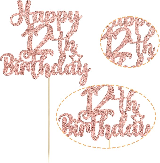 Gyufise 1Pc Happy 12th Birthday Cake Topper Glitter 12 & Fabulous Cheers to 12 Years Old Cake Pick for Celebrating 12th Birthday Anniversary Party Cake Decorations Supplies Rose Gold