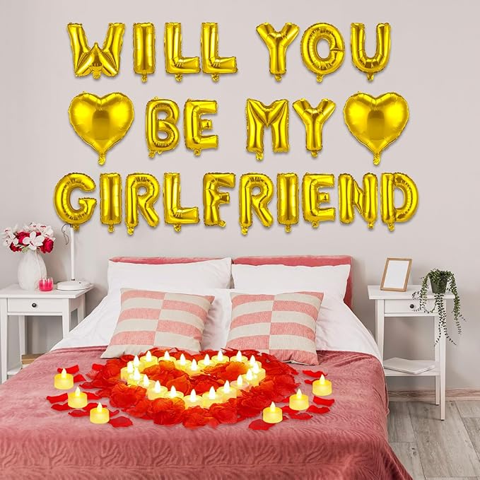 HyDren 18" Will You Be My Girlfriend Balloons Letters Kit Include Heart Shaped Balloons and LED Tealight Candles with Rose Petals Romantic Girlfriend Proposal Kit Valentines Day Decorations(Gold)