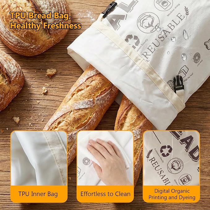 Sourdough Bread Bag Set for Homemade Bread - Yodeler 2 Pack XL Organic Cotton Reusable bread bags for Perfect Baking Accessories, Food Storage Bag Freezer-Friendly to Keep Fresh (TPU Material)