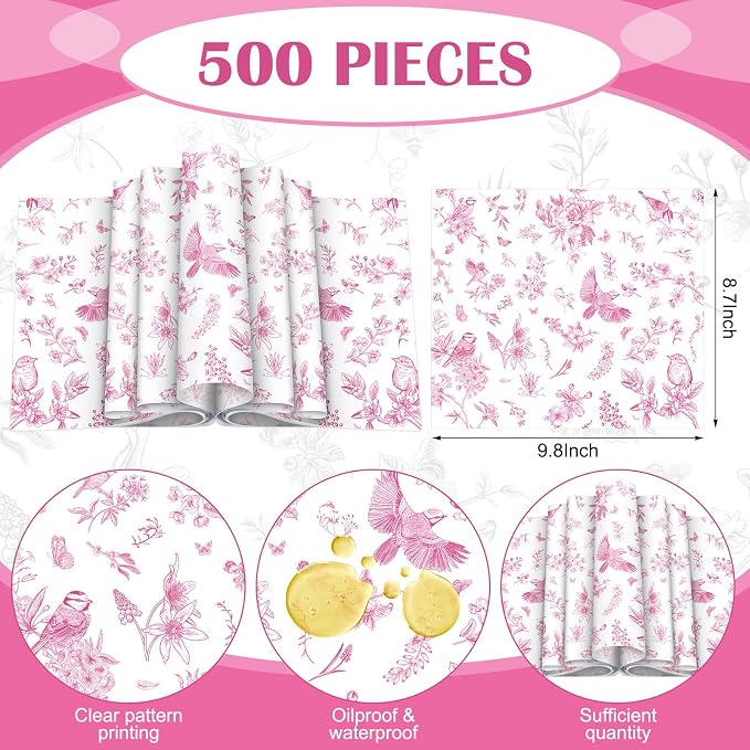 Feifeiya 500 Pcs Floral Wax Paper Sheet for Food Chinoiserie Bird Deli Paper Waterproof Sandwich Wrapping Greaseproof Food Basket Liners for Picnic Party Kitchen Supply, 9.8 x 8.7inch (Floral,Pink)