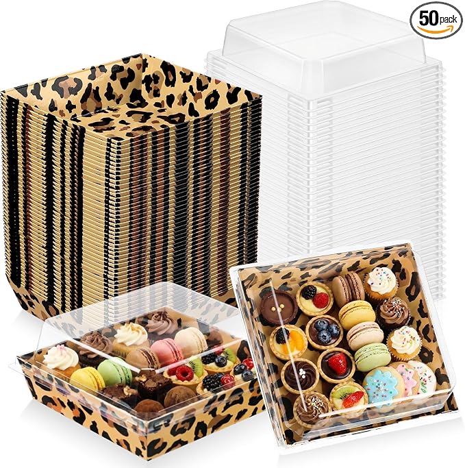 Potchen 50 Pack Bakery Boxes with Clear Lids, Disposable Charcuterie Treat Boxes for Cookies, Donuts, Cupcakes, Candy and Mini Cakes, Party Favor for Wedding and Gift Giving(Leopard Print)