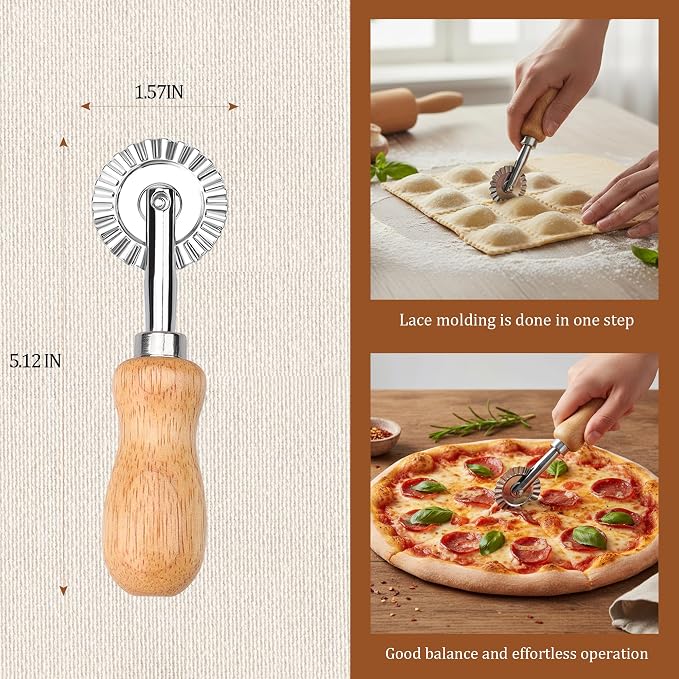 Short Handle Small Cutter Wheel - Exquisite Wooden Handle, Perfect for Pasta, Pizza, Ravioli, Cookie - Versatile Crinkle and Pastry Cutter for Effortless Slicing