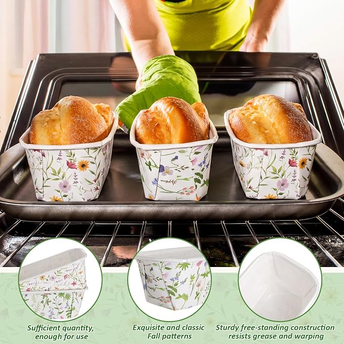 Hushee 50 Sets Wildflower Paper Loaf Pans with Bags & Ties, 6.3x2.2x2.2" Disposable Mini Bread Baking Molds, Colorful Floral Spring Cake Liners for Mother's Day Easter Garden Party Gifts
