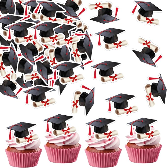48pcs Edible Graduation Cap Cupcake Toppers Wafer Paper Red Grad Cap Diploma Cake Decorations Edible Grad Cap Cupcake Picks for 2026 Graduation Theme Party Cake Decor Supplies