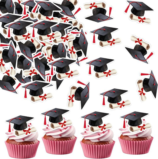 48pcs Edible Graduation Cap Cupcake Toppers Wafer Paper Red Grad Cap Diploma Cake Decorations Edible Grad Cap Cupcake Picks for 2026 Graduation Theme Party Cake Decor Supplies