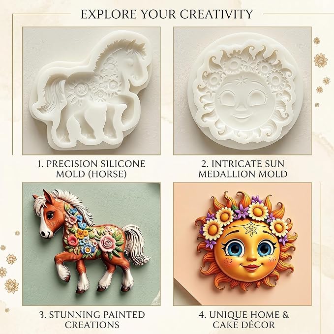 2Pcs Floral Horse Sun Face Silicone Fondant Molds, 3D Pony Sunflower Candy Molds for Cake Decorating Cupcake Toppers Chocolate Resin Soap Clay DIY Baking Sugarcraft Tools Birthday Party