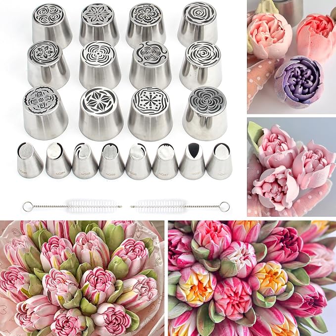 22-Piece Extra Large Russian Icing Nozzle Set, Stainless Steel Rose Tulip Cake Decorating Tips, Includes 12 Jumbo Nozzles, 8 Large Nozzles, and 2 Brushes, Kitchen Baking Tool