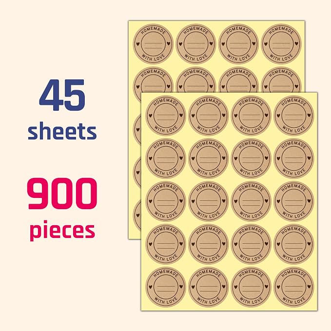 900 Pieces, 2" - Homemade with Love Stickers, Canning Labels for Jars to Write On