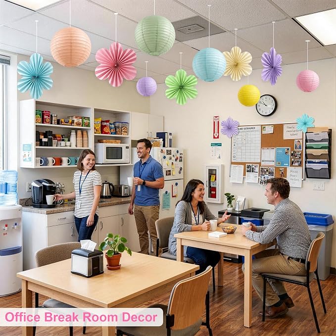 Peywot Pastel Classroom Decor - 18Pcs Flower Fans & Paper Lanterns for Classroom Ceiling Decorations, Birthday, Baby Shower & Pastel Rainbow Party Decor