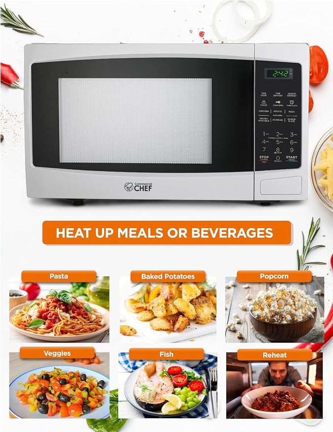 Commercial Chef 1.1 Cu. Ft. Countertop Microwave Oven, Touch Controls with Digital LED Display, 1000W Small Microwave with 12.4” Turntable Plate, Push Button Door, 10 Power Levels, CHM11MW, White